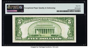 image for: Fr. 1952-E $5 1928B Dark Green Seal Federal Reserve Note. PMG Gem Uncirculated 65 EPQ....