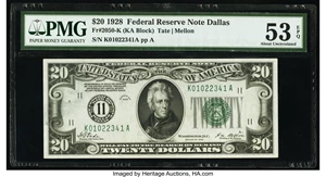 image for: Fr. 2050-K $20 1928 Federal Reserve Note. PMG About Uncirculated 53 EPQ....