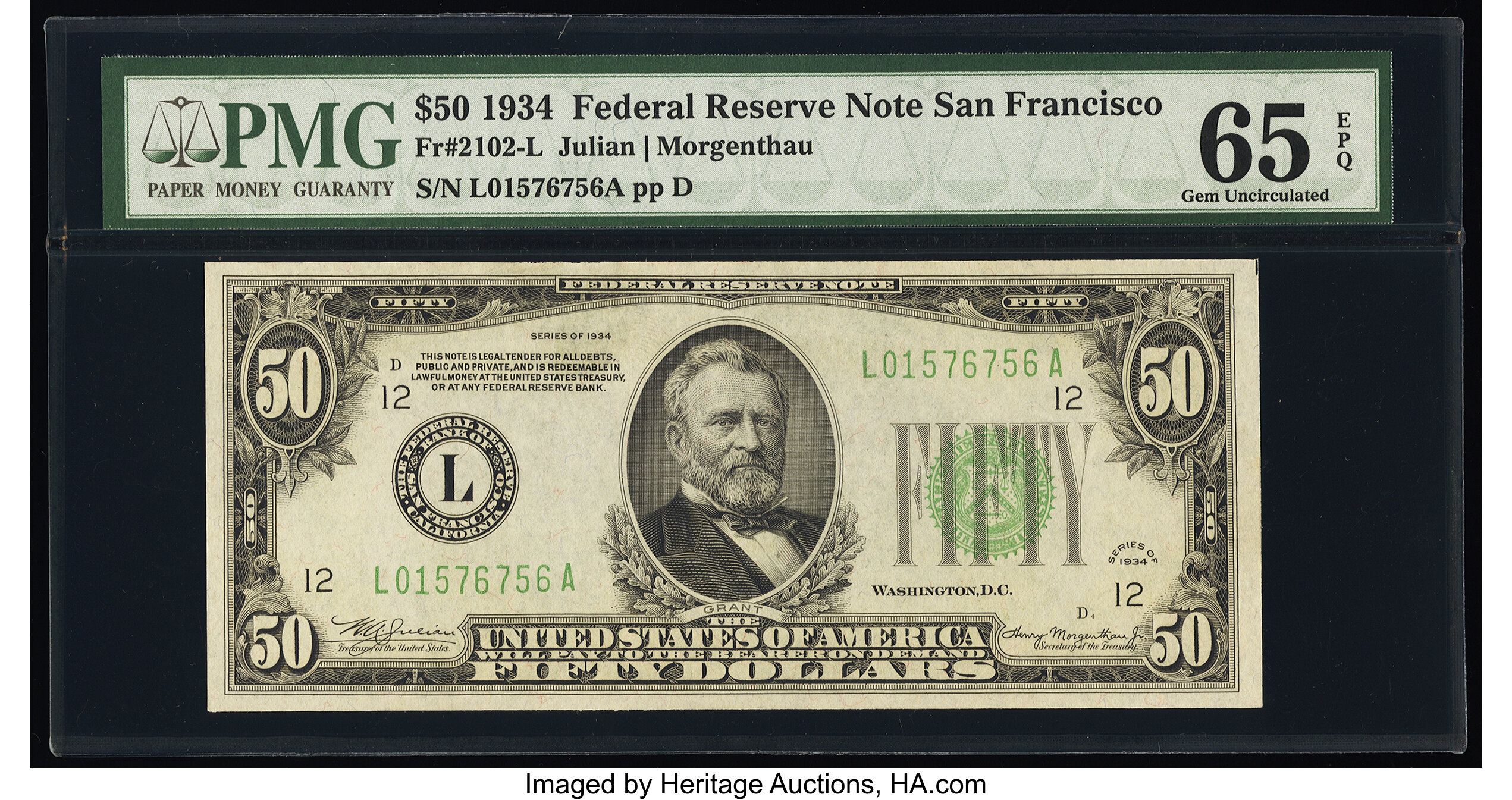 image for: Fr. 2102-L $50 1934 Federal Reserve Note. PMG Gem Uncirculated 65 EPQ....
