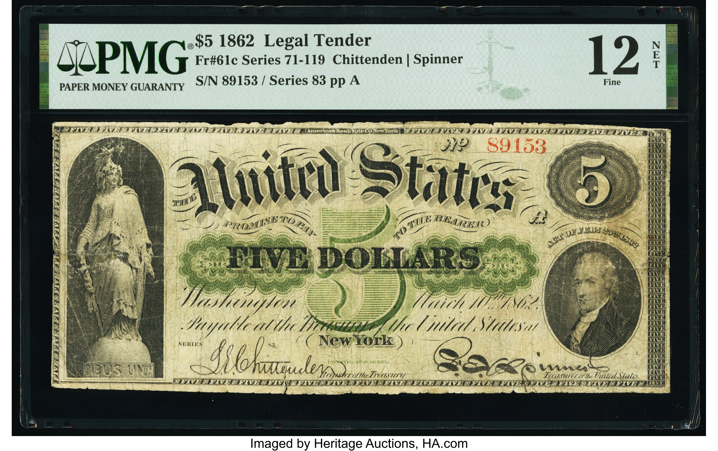 image for: Fr. 61c $5 1862 Legal Tender PMG Fine 12 Net....