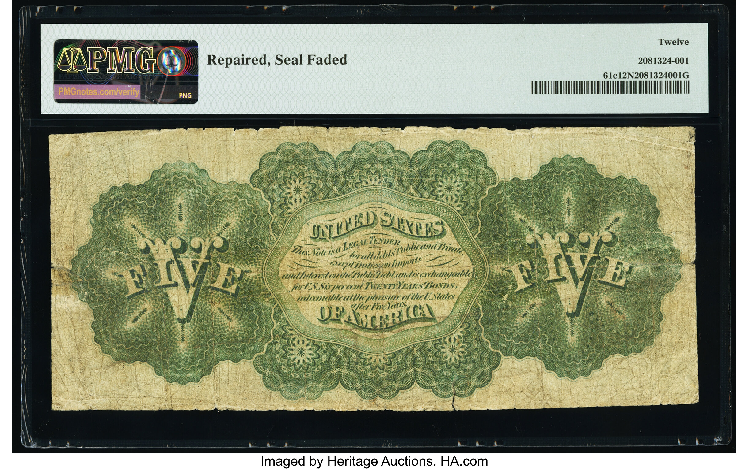 image for: Fr. 61c $5 1862 Legal Tender PMG Fine 12 Net....