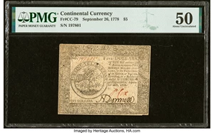 image for: Continental Currency September 26, 1778 $5 PMG About Uncirculated 50....