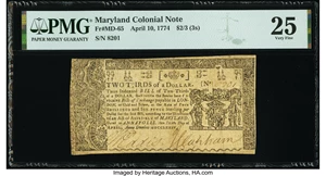 image for: Maryland April 10, 1774 $2/3 PMG Very Fine 25....