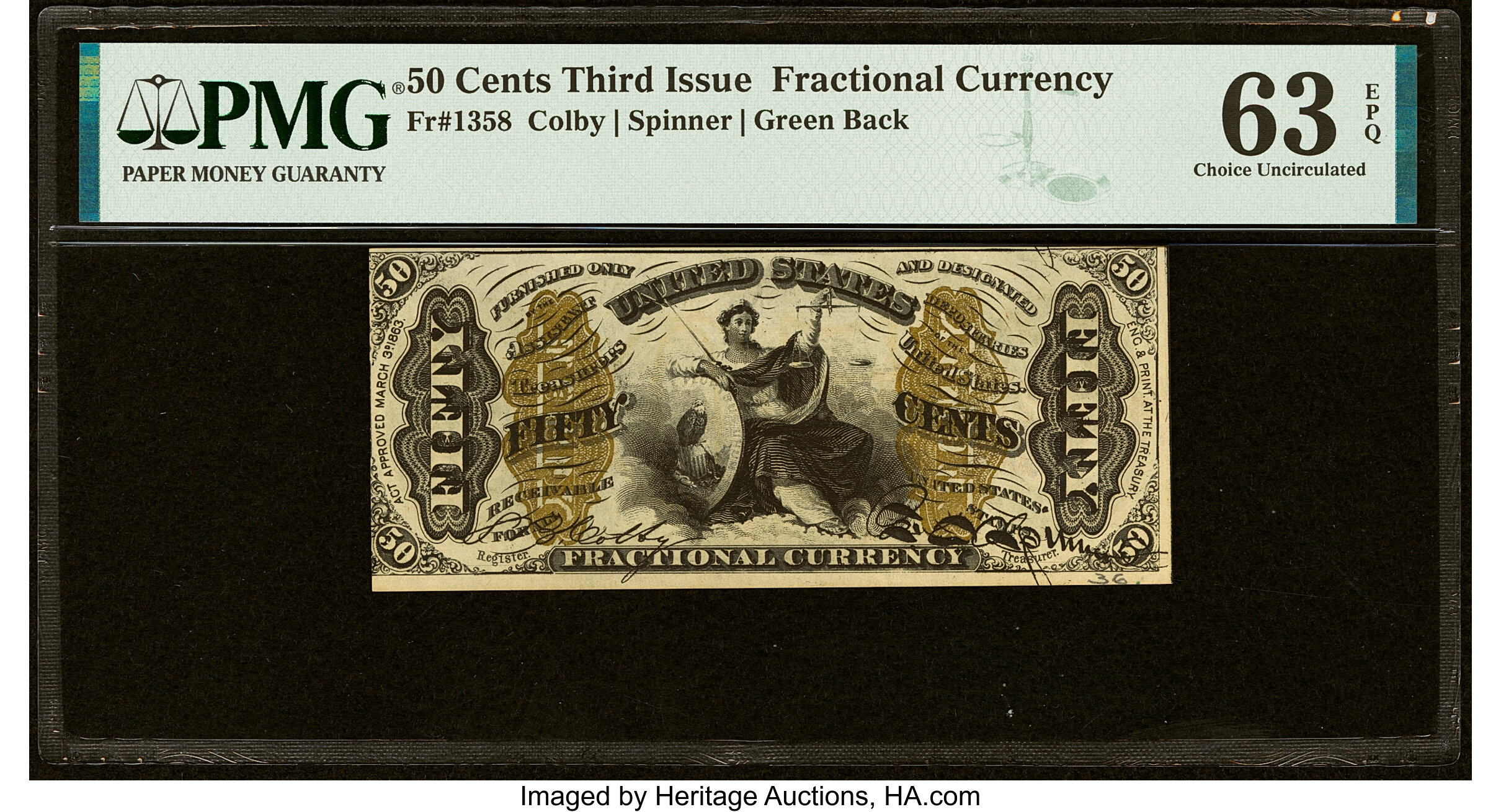 image for: Fr. 1358 50¢ Third Issue Justice PMG Choice Uncirculated 63 EPQ....