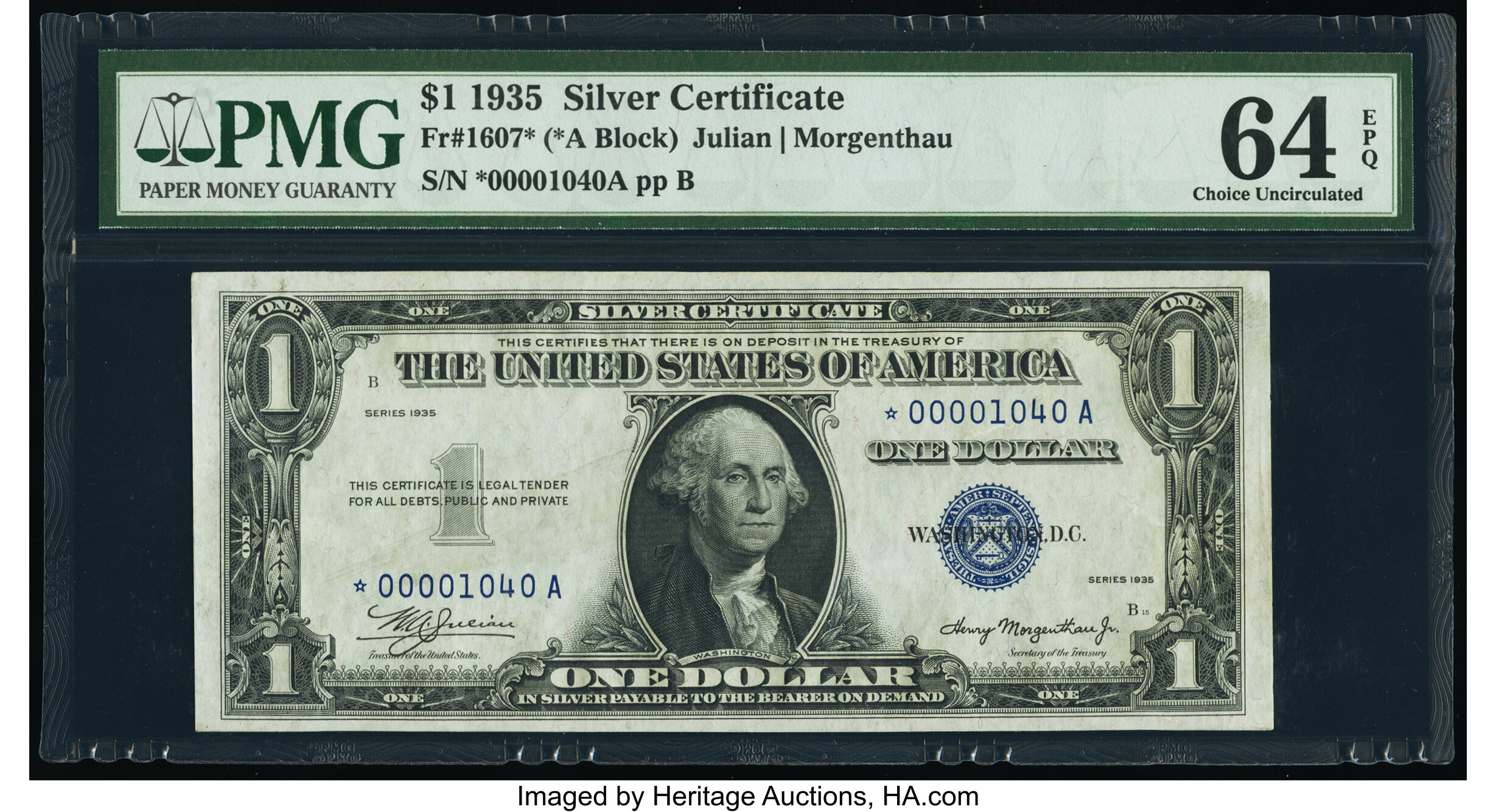 image for: Low Serial Number 1040 Fr. 1607* $1 1935 Silver Certificate Star. PMG Choice Uncirculated 64 EPQ....