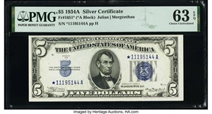 image for: Fr. 1651* $5 1934A Silver Certificate Star. PMG Choice Uncirculated 63 EPQ....