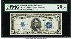 image for: Fr. 1651* $5 1934A Silver Certificate Star. PMG Choice About Unc 58 EPQ*....
