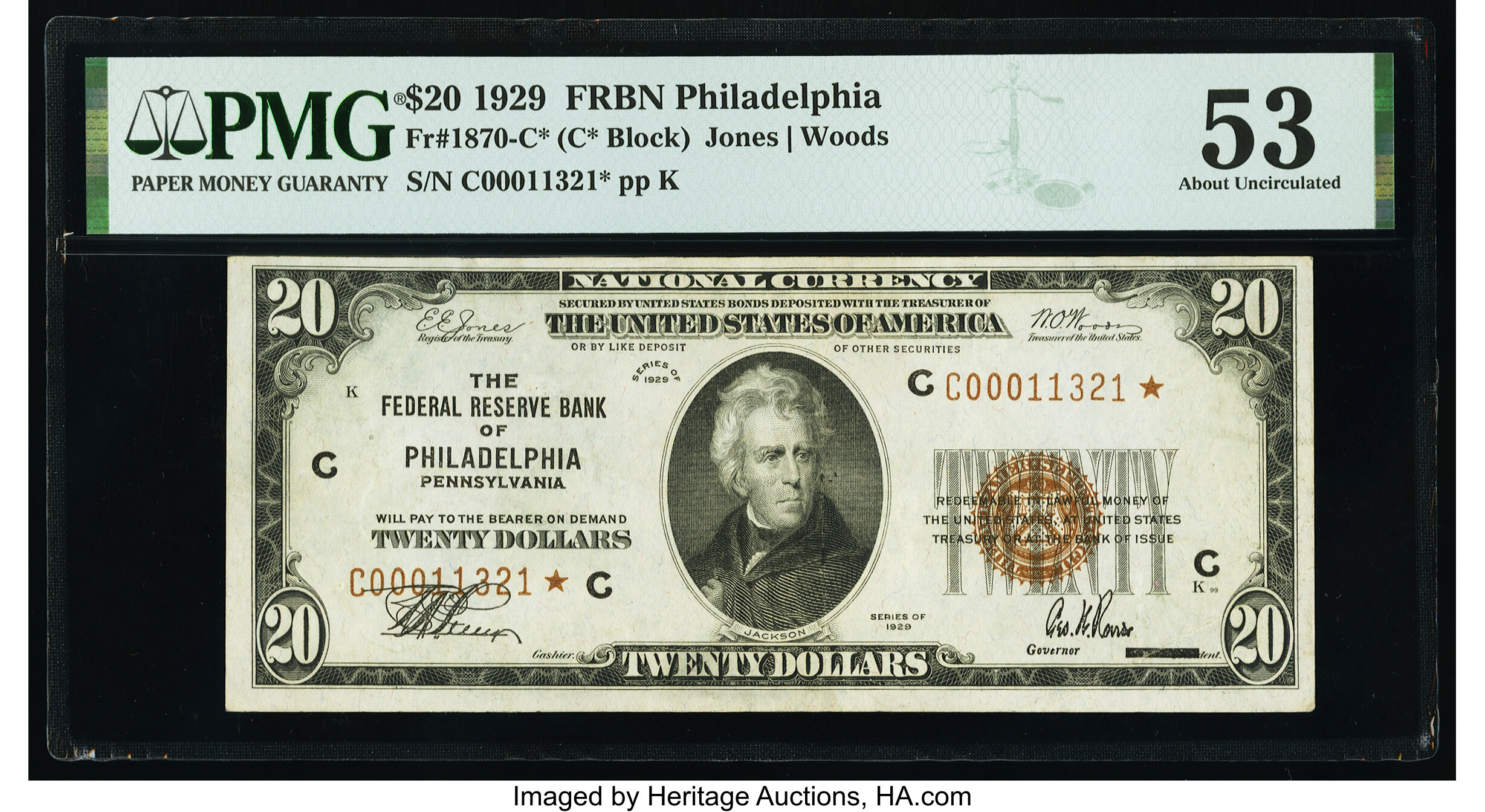 image for: Fr. 1870-C* $20 1929 Federal Reserve Bank Star Note. PMG About Uncirculated 53....