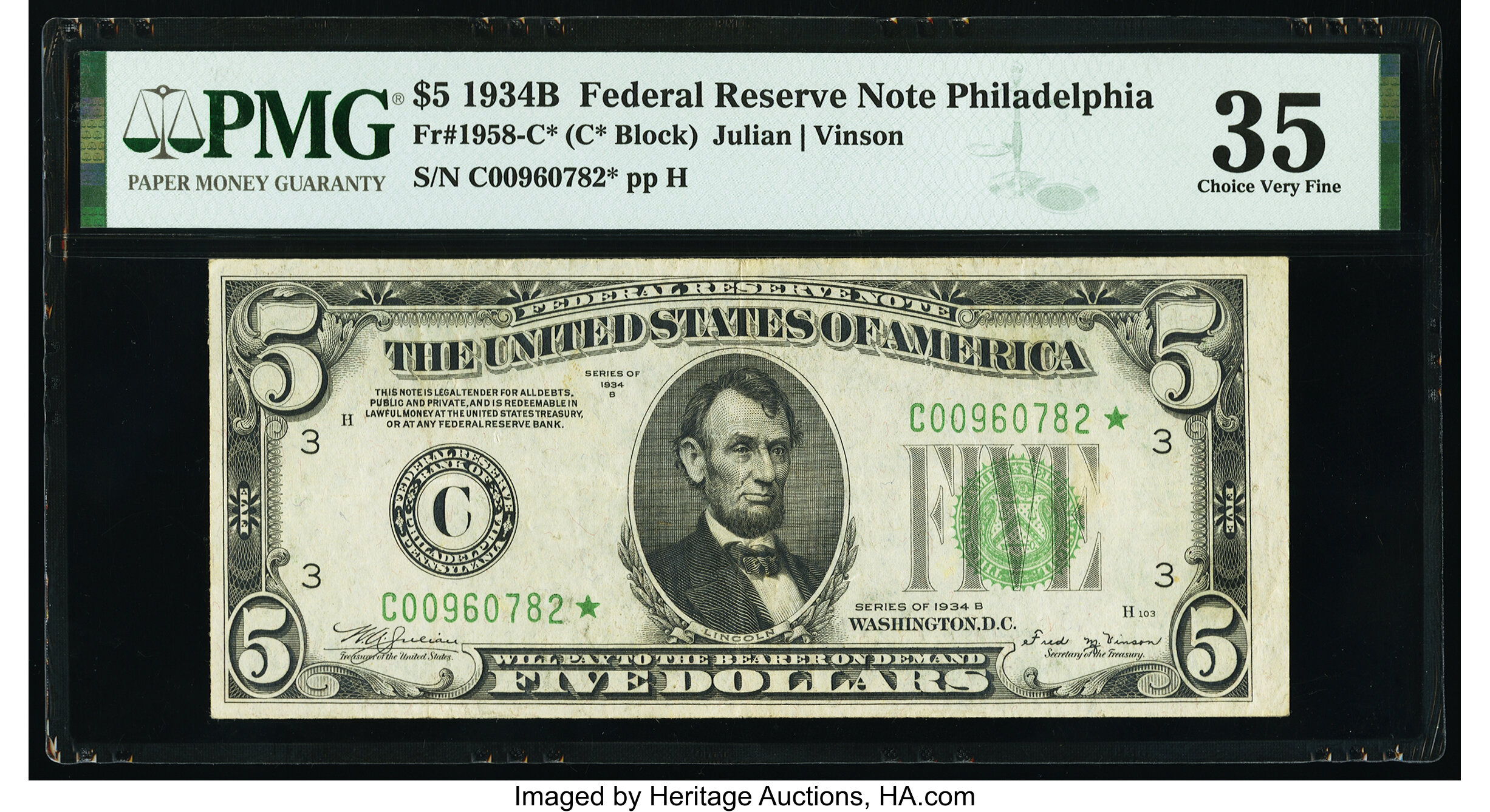 image for: Fr. 1958-C* $5 1934B Federal Reserve Star Note. PMG Choice Very Fine 35....