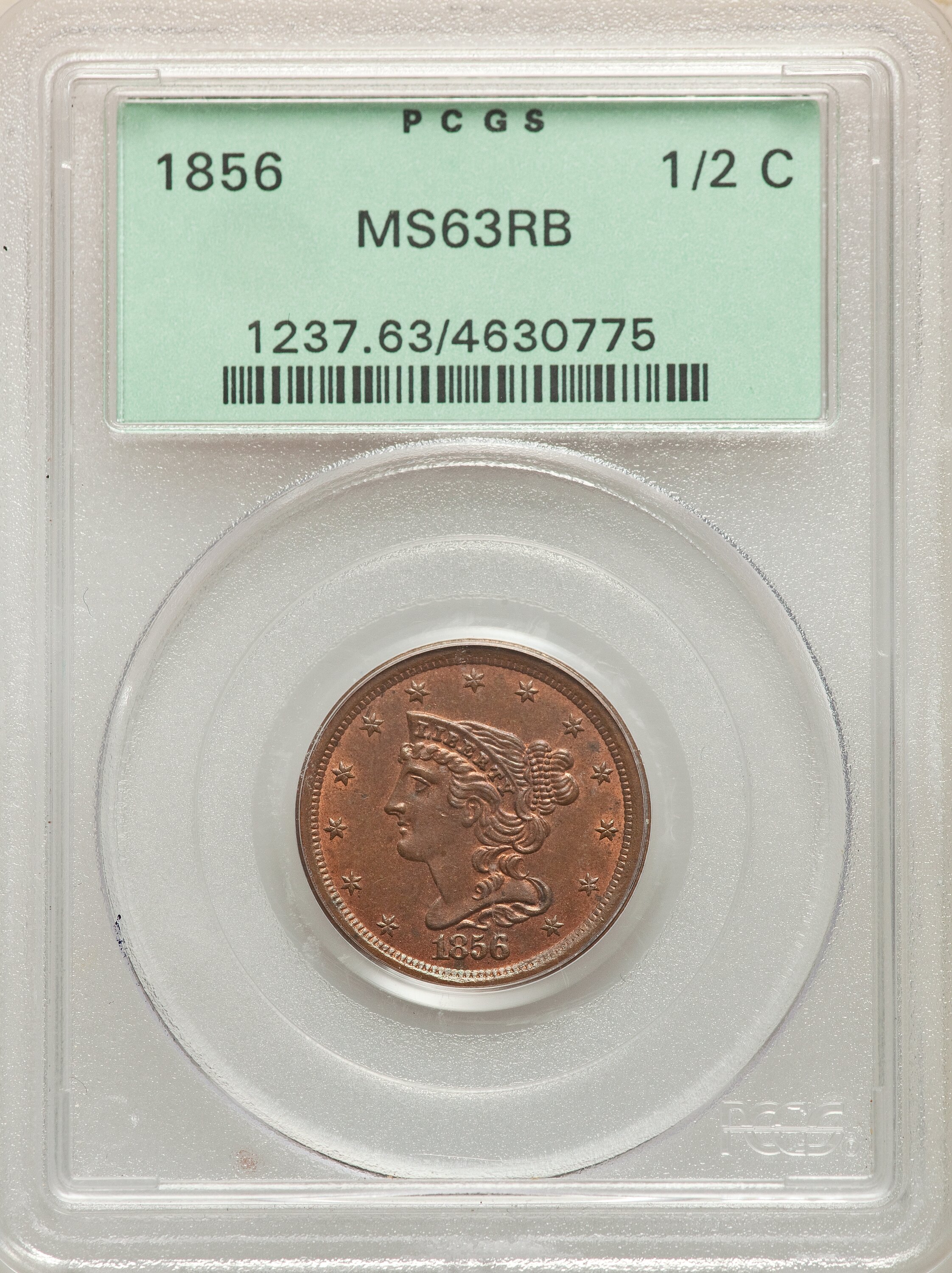 image for: 1856 1/2 C MS63 Red and Brown PCGS. PCGS Population: (26/33). NGC Census: (0/0). CDN: $450 Whsle. Bid for NGC/PCGS MS63. Mi...