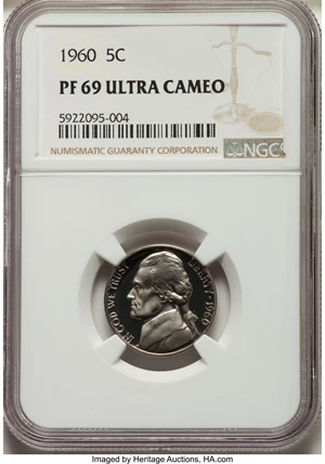 image for: 1960 5C PR69 Ultra Cameo NGC. NGC Census: (12/0). PCGS Population: (10/0). CDN: $1,500 Whsle. Bid for NGC/PCGS PR69. ...
