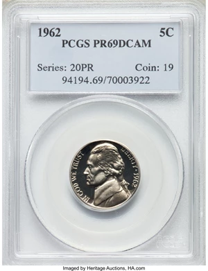 image for: 1962 5C PR69 Deep Cameo PCGS. PCGS Population: (56/0). NGC Census: (29/0). ...