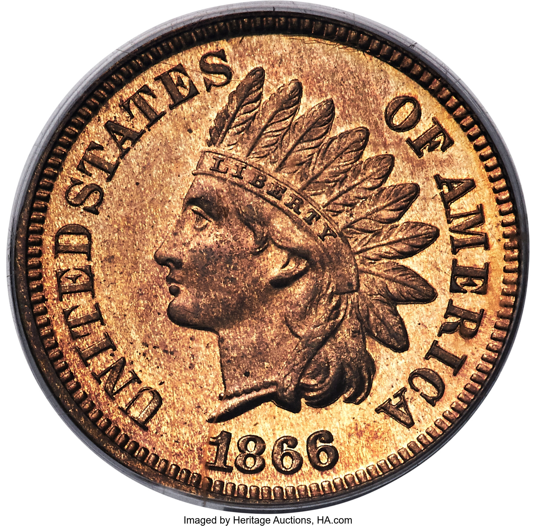 image for: 1866 1C PR65 Red PCGS. Snow-PR1. The well-preserved surfaces of this spectacular Gem are primarily copper-gold and orange w...