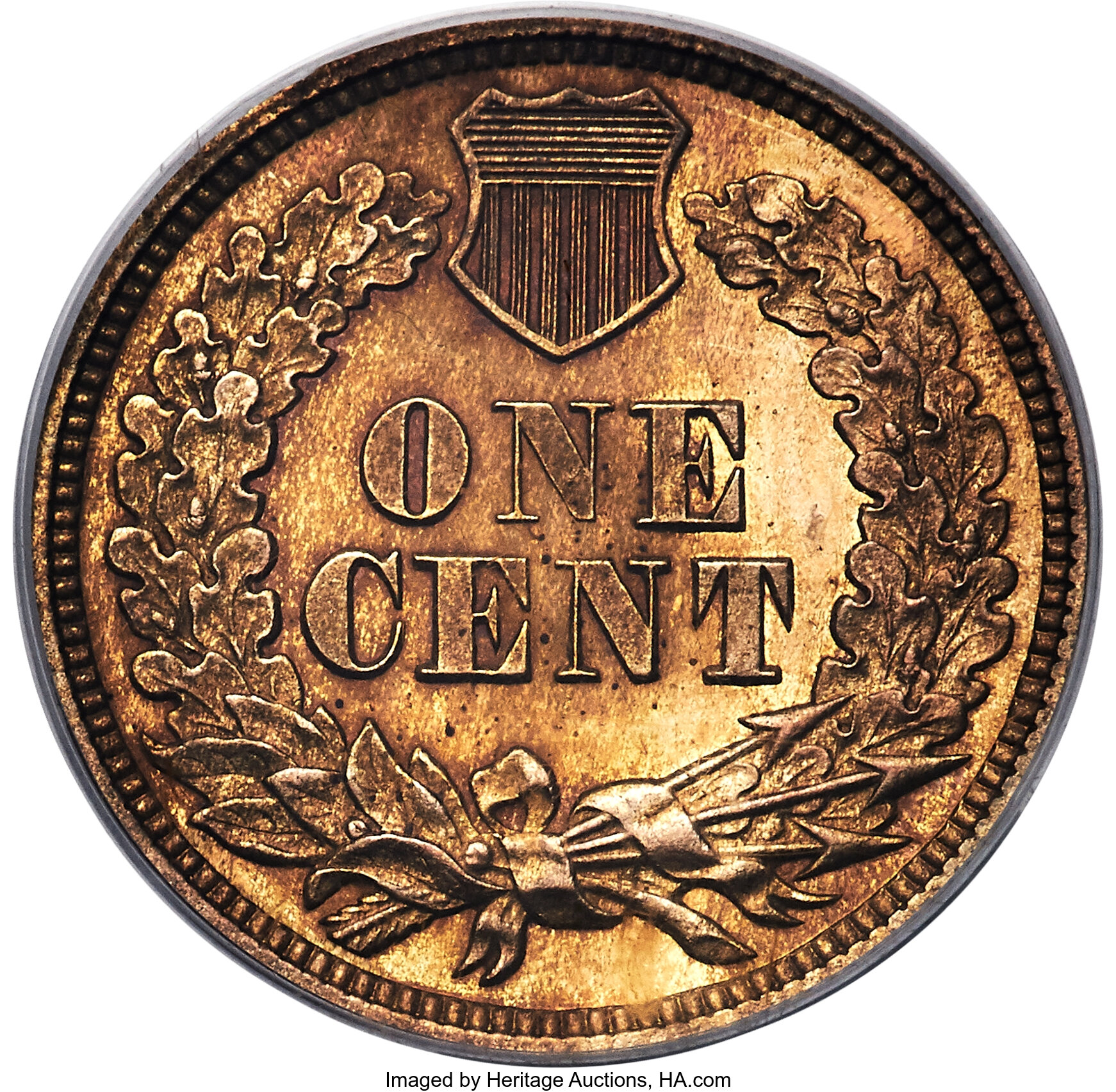 image for: 1866 1C PR65 Red PCGS. Snow-PR1. The well-preserved surfaces of this spectacular Gem are primarily copper-gold and orange w...