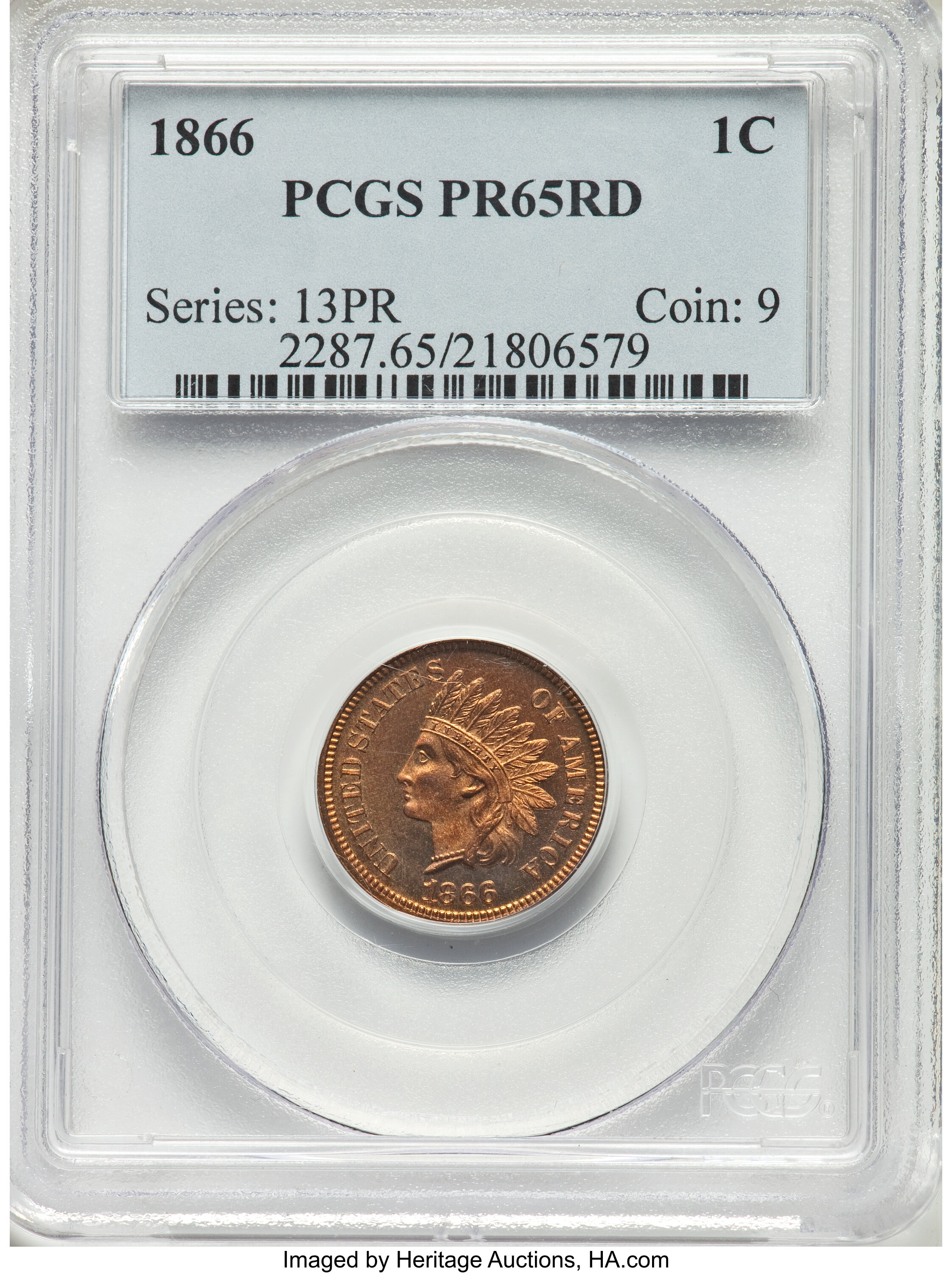 image for: 1866 1C PR65 Red PCGS. Snow-PR1. The well-preserved surfaces of this spectacular Gem are primarily copper-gold and orange w...