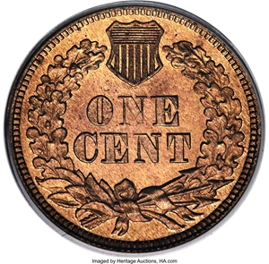 image for: 1867 1C PR65 Red PCGS. James B. Longacre's Indian Head design is fully defined on this Gem proof cent. Flashy copper-orange...