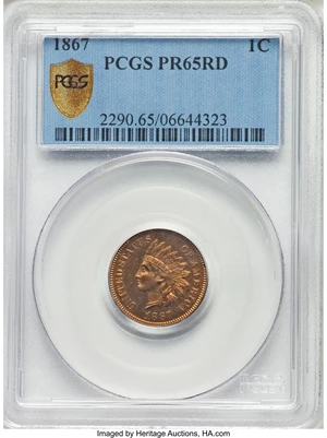 image for: 1867 1C PR65 Red PCGS. James B. Longacre's Indian Head design is fully defined on this Gem proof cent. Flashy copper-orange...