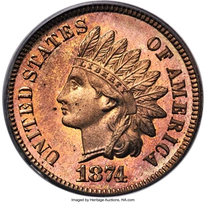 image for: 1874 1C PR65 Cameo PCGS. The proof 1874 was produced to the extent of about 700 pieces -- a respectable, if not overly gene...