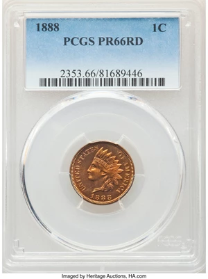 image for: 1888 1C PR66 Red PCGS. Uniform copper-orange color defines this Premium Gem proof. The devices on each side stand out parti...