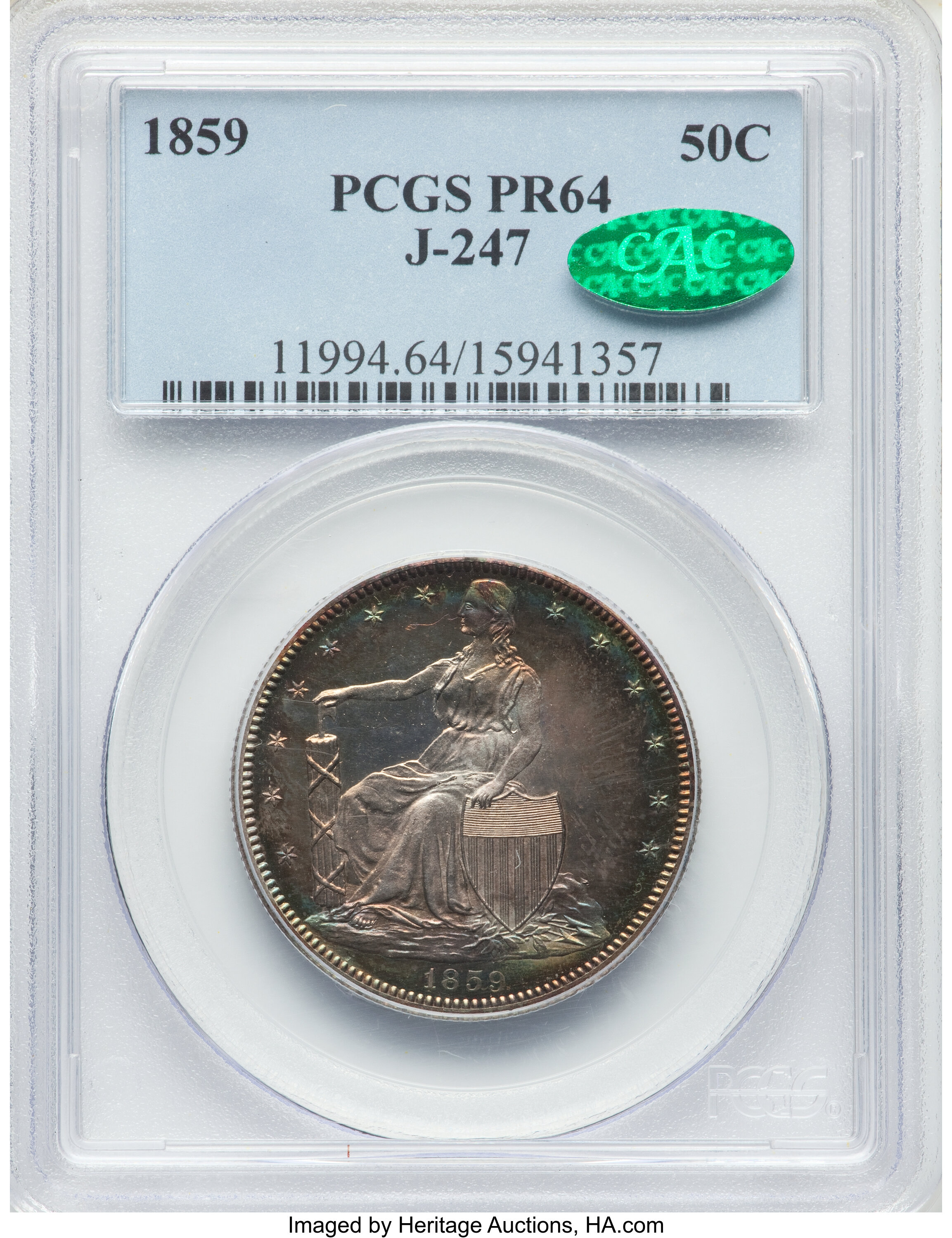 image for: 1859 P50C Half Dollar, Judd-247, Pollock-286, High R.7, PR64 PCGS. CAC. The Paquet Liberty Seated with Fasces obverse. Libe...