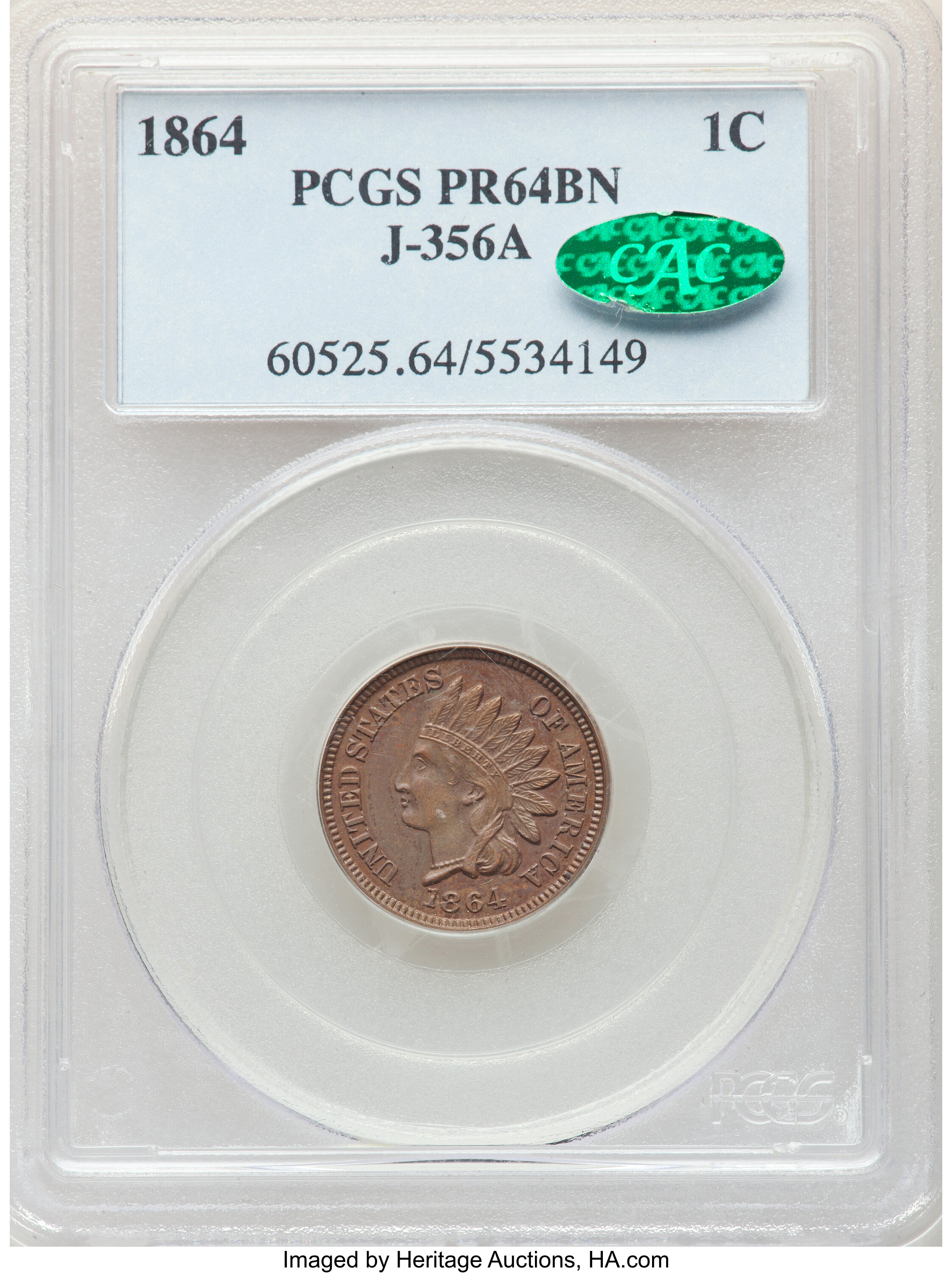 image for: 1864 1C Judd-356a, Pollock-427, Snow-PT1e, Low R.6, PR64 Brown PCGS. CAC. Struck from regular coinage No L dies, in copper ...