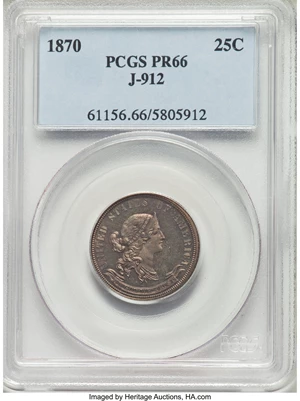 image for: 1870 25C Standard Silver Quarter Dollar, Judd-912, Pollock-1008, High R.6, PR66 PCGS. Liberty wears a diadem inscribed LIBE...