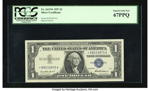 image for: Fr. 1619* $1 1957 Silver Certificate Star. PCGS Superb Gem New 67PPQ....