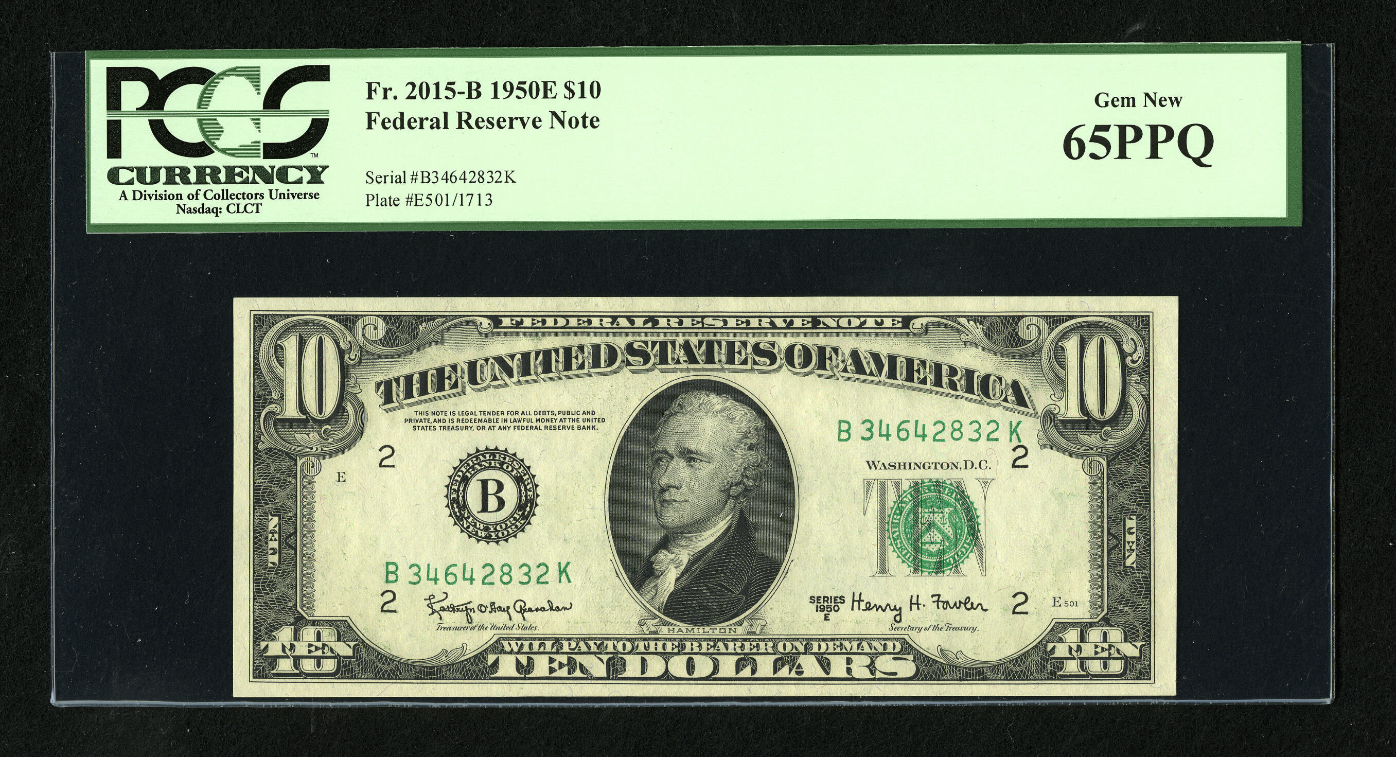 image for: Fr. 2015-B $10 1950E Federal Reserve Note. PCGS Gem New 65PPQ....