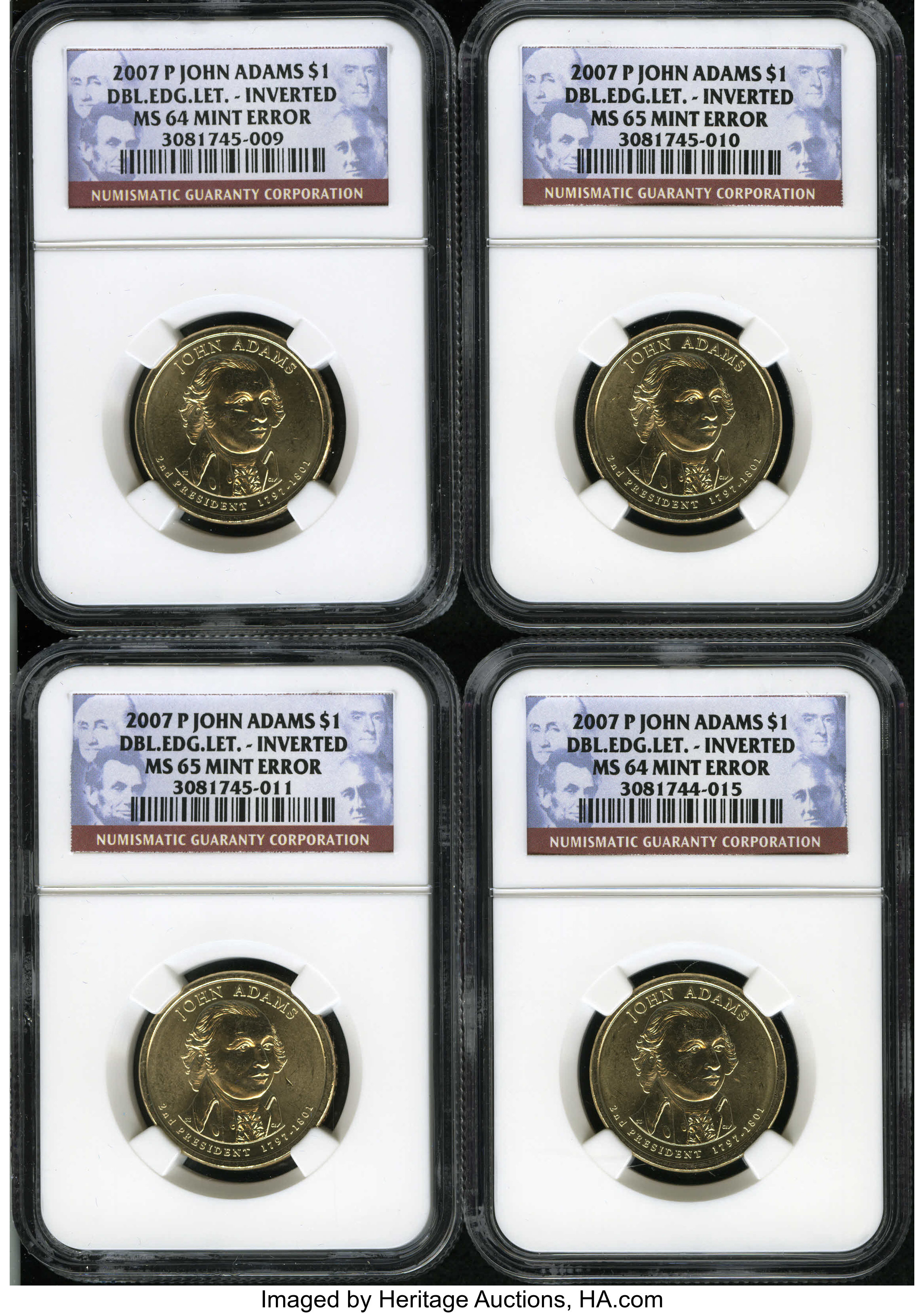 image for: 2007-P Adams Presidential Dollar--Double Edge Lettering, Inverted--NGC. Four examples of this error. Three grade MS64 and th... (Total: 4 coins)