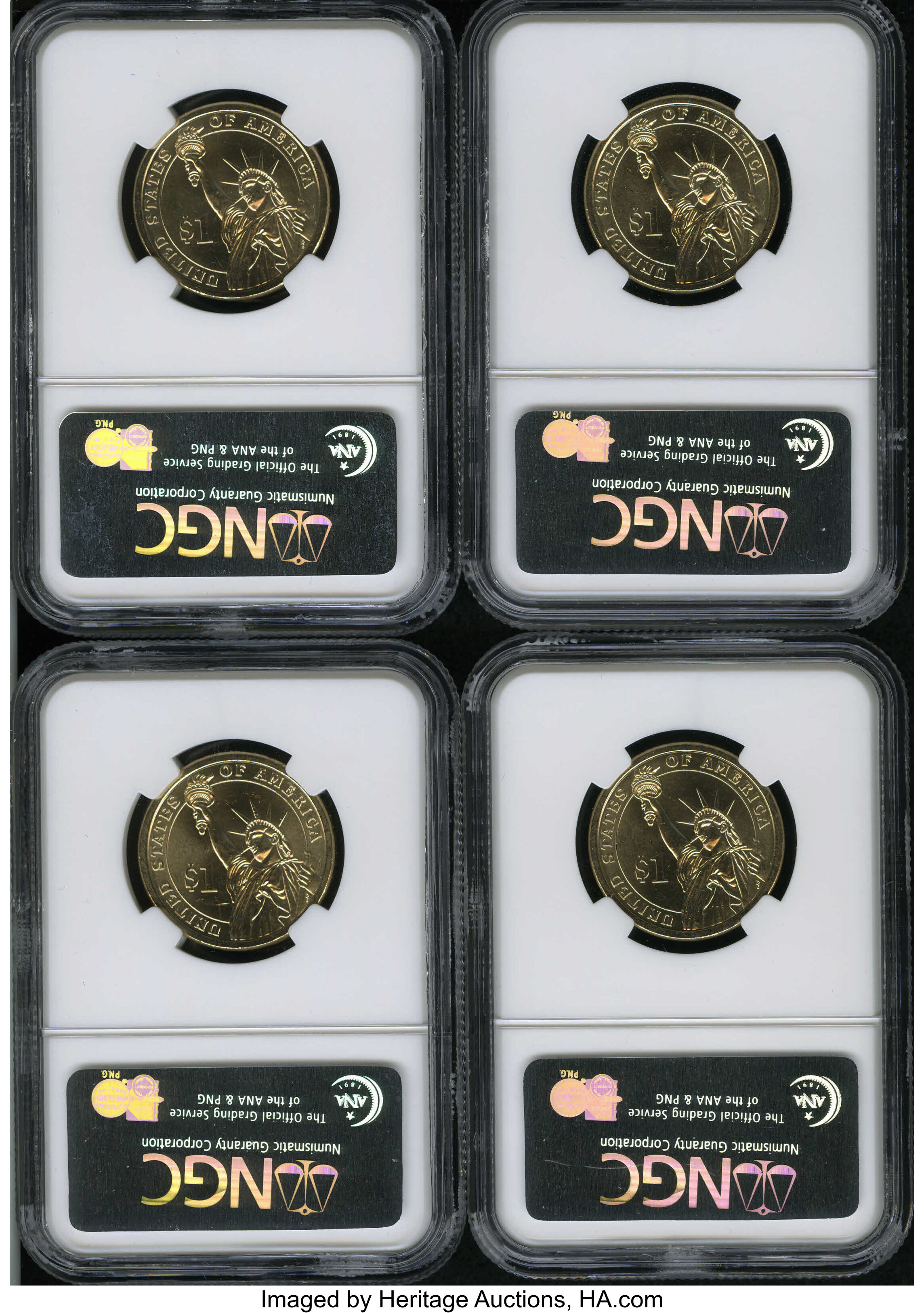 image for: 2007-P Adams Presidential Dollar--Double Edge Lettering, Inverted--NGC. Four examples of this error. Three grade MS64 and th... (Total: 4 coins)