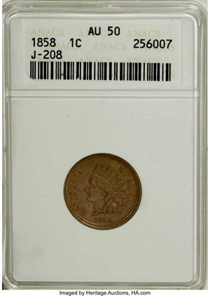 image for: 1858 P1C Indian Cent, Judd-208, Pollock-259, Snow-PT28, R.1, AU50 ANACS....