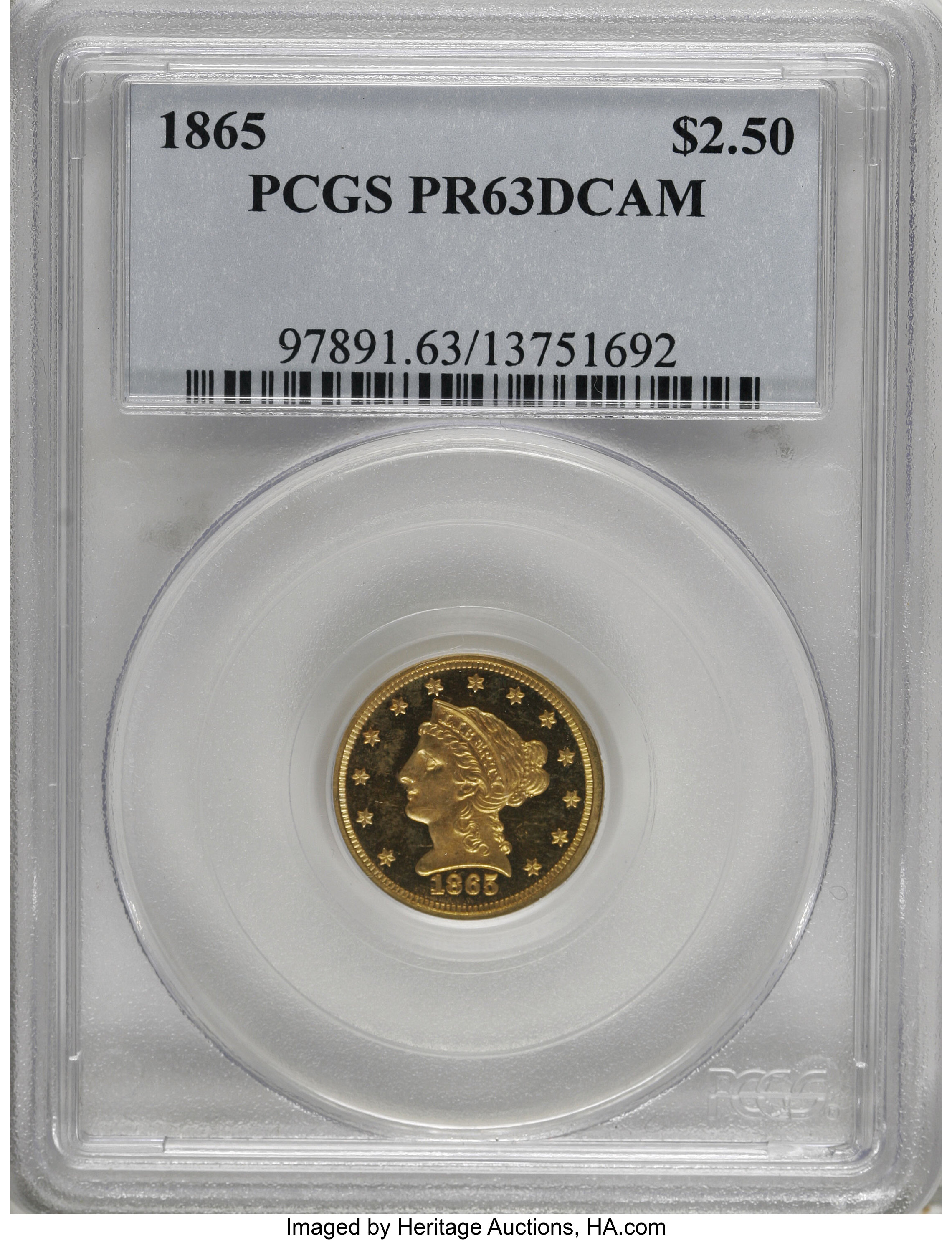 image for: 1865 $2 1/2 PR63 Deep Cameo PCGS....
