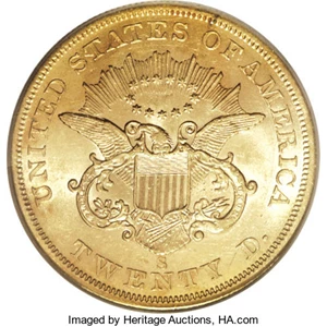 image for: 1856-S $20 Full Serif, Broken A AU55 PCGS....