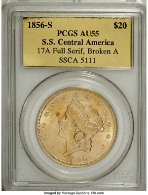 image for: 1856-S $20 Full Serif, Broken A AU55 PCGS....