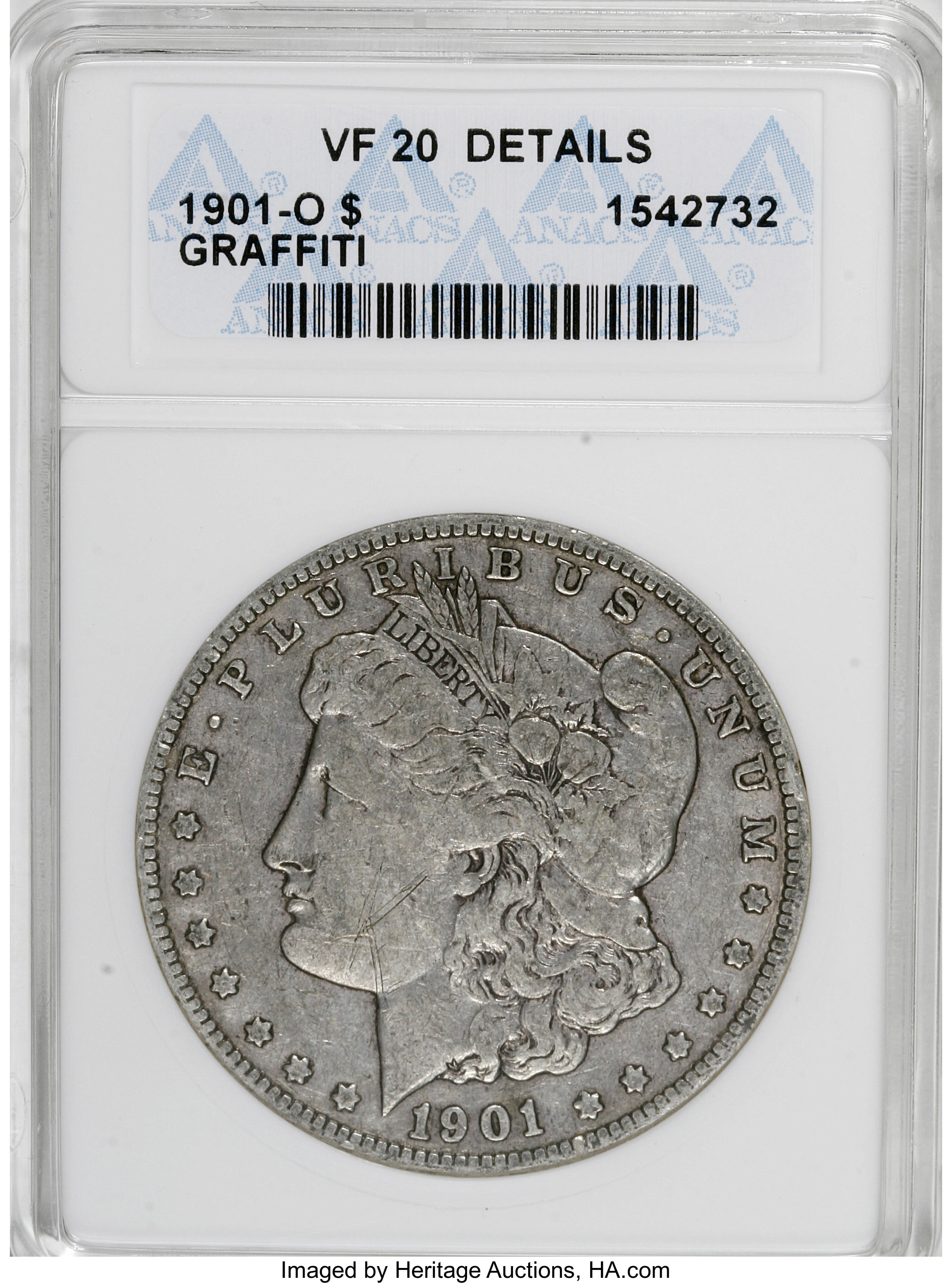 1901-O $1 --Graffiti--ANACS.VF20 Details; (2)-1901-O $1 --Cleaned--ANACS.VF30 Details. The... (Total: 3 Coins Item)