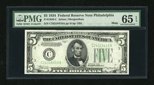 image for: Fr. 1956-C $5 1934 Mule Federal Reserve Note. PMG Gem Uncirculated 65 EPQ....