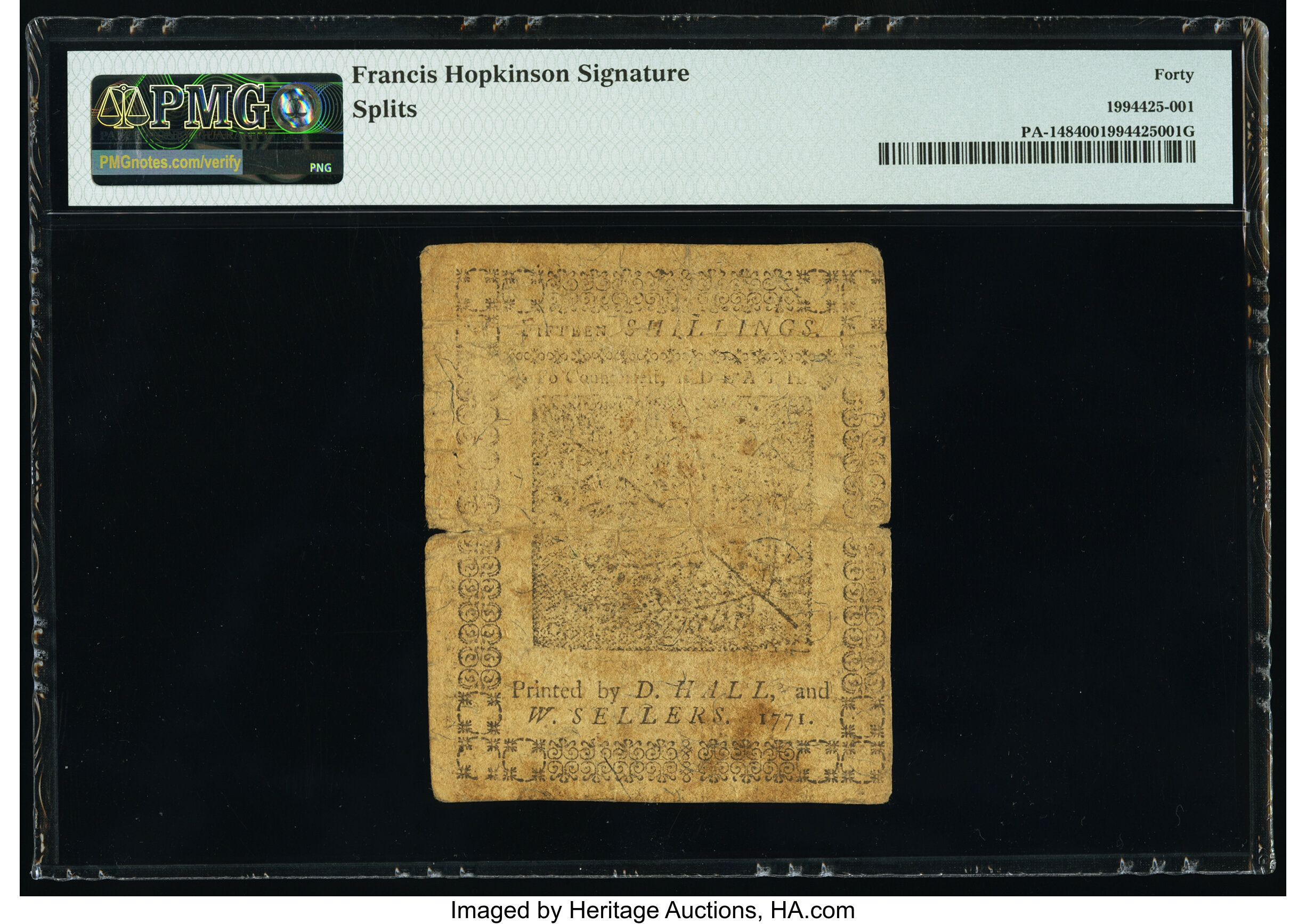 image for: Francis Hopkinson signed Pennsylvania March 20, 1771 15s PMG Extremely Fine 40....