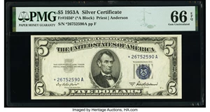 image for: Fr. 1656* $5 1953A Silver Certificate Star. PMG Gem Uncirculated 66 EPQ....