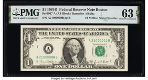 image for: Even Million 21000000 Serial Number Fr. 1907-A $1 1969D Federal Reserve Note. PMG Choice Uncirculated 63 EPQ....
