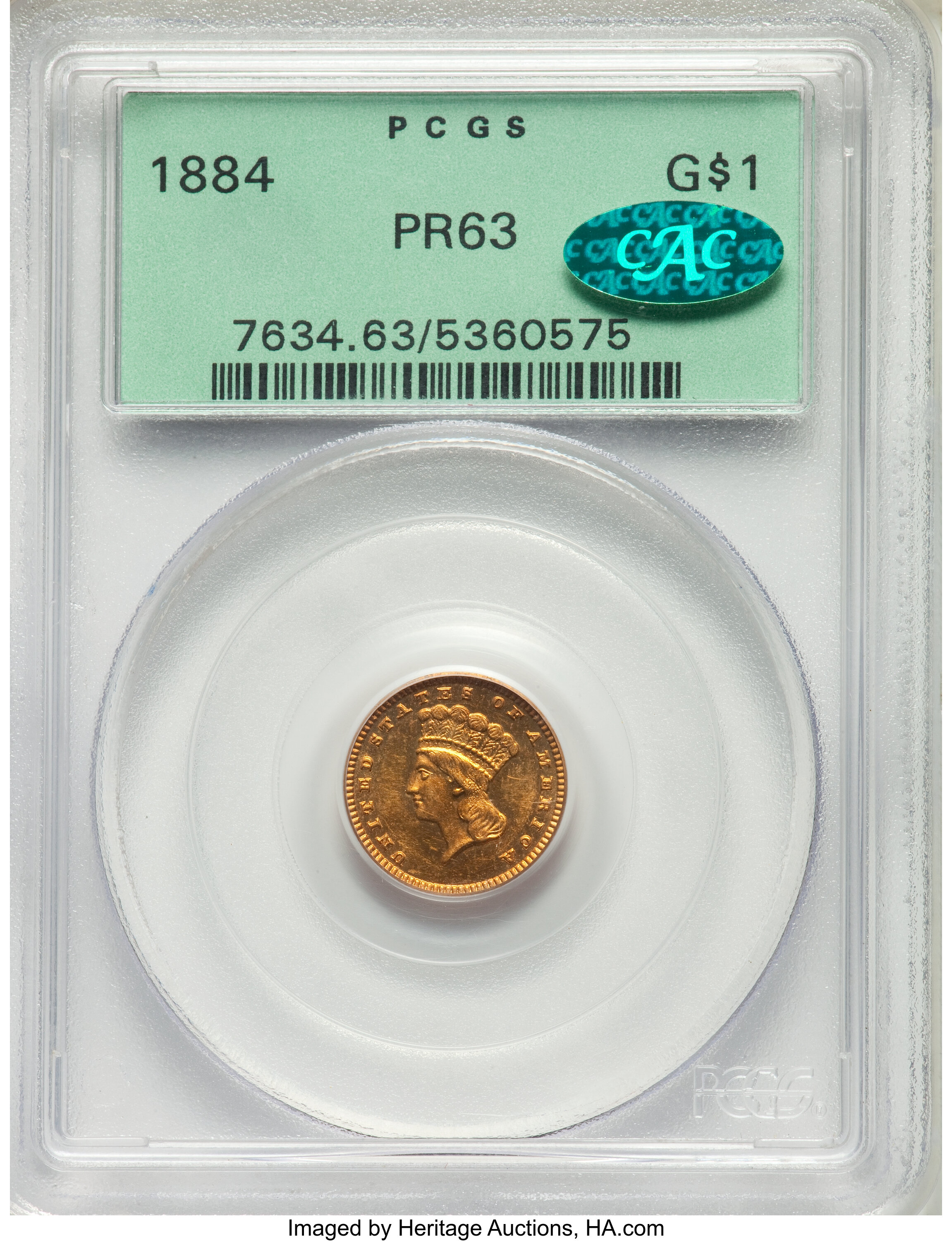 image for: 1884 G$1 PR63 PCGS. CAC. JD-1, R.4. Repunching at the top of the 4 in the date identifies the more plentiful of the two...