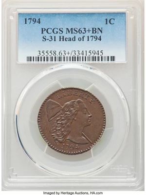 image for: 1794 1C Head of 1794, S-31, B-13, R.1, MS63+ Brown PCGS. Breen Die State II. A lovely Marred Field cent with a chocolate-br...