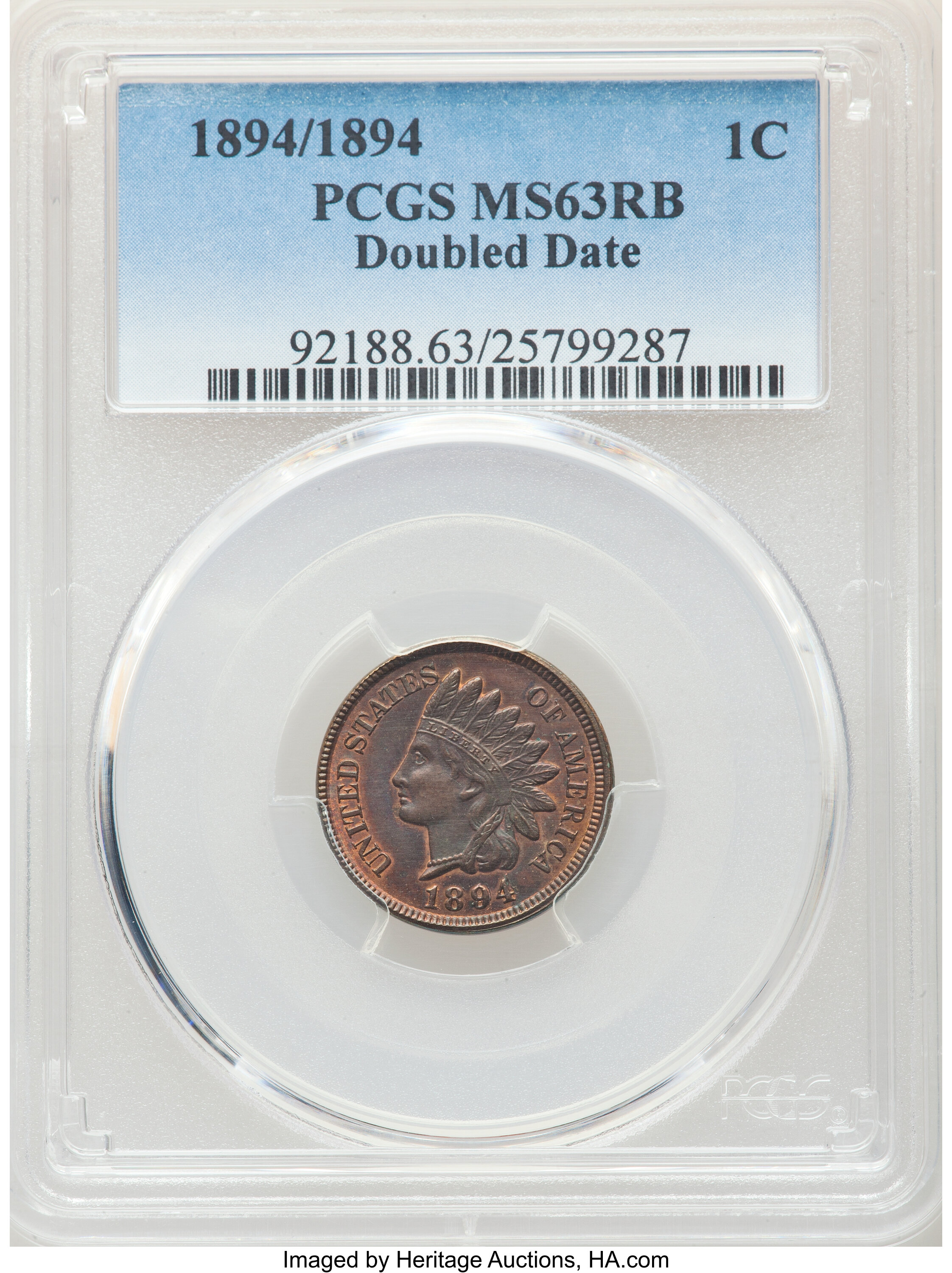 image for: 1894 1C Repunched Date MS63 Red and Brown PCGS. PCGS Population: (10/19). NGC Census: (0/1). CDN: $1,850 Whsle. Bid for NGC...