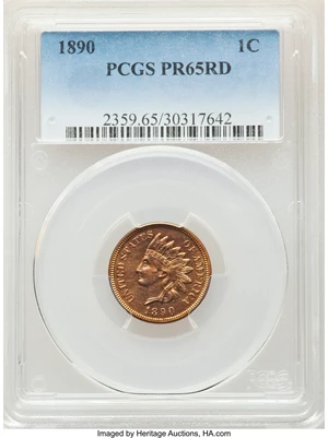 image for: 1890 1C PR65 Red PCGS. PCGS Population: (26/2). NGC Census: (11/1). CDN: $900 Whsle. Bid for NGC/PCGS PR65. Mintage 2,740....