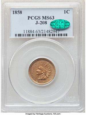 image for: 1858 P1C Indian Cent, Judd-208, Pollock-259, Snow-PT28, R.3, MS63 PCGS. CAC. There are four notable subvarieties of Judd-20...