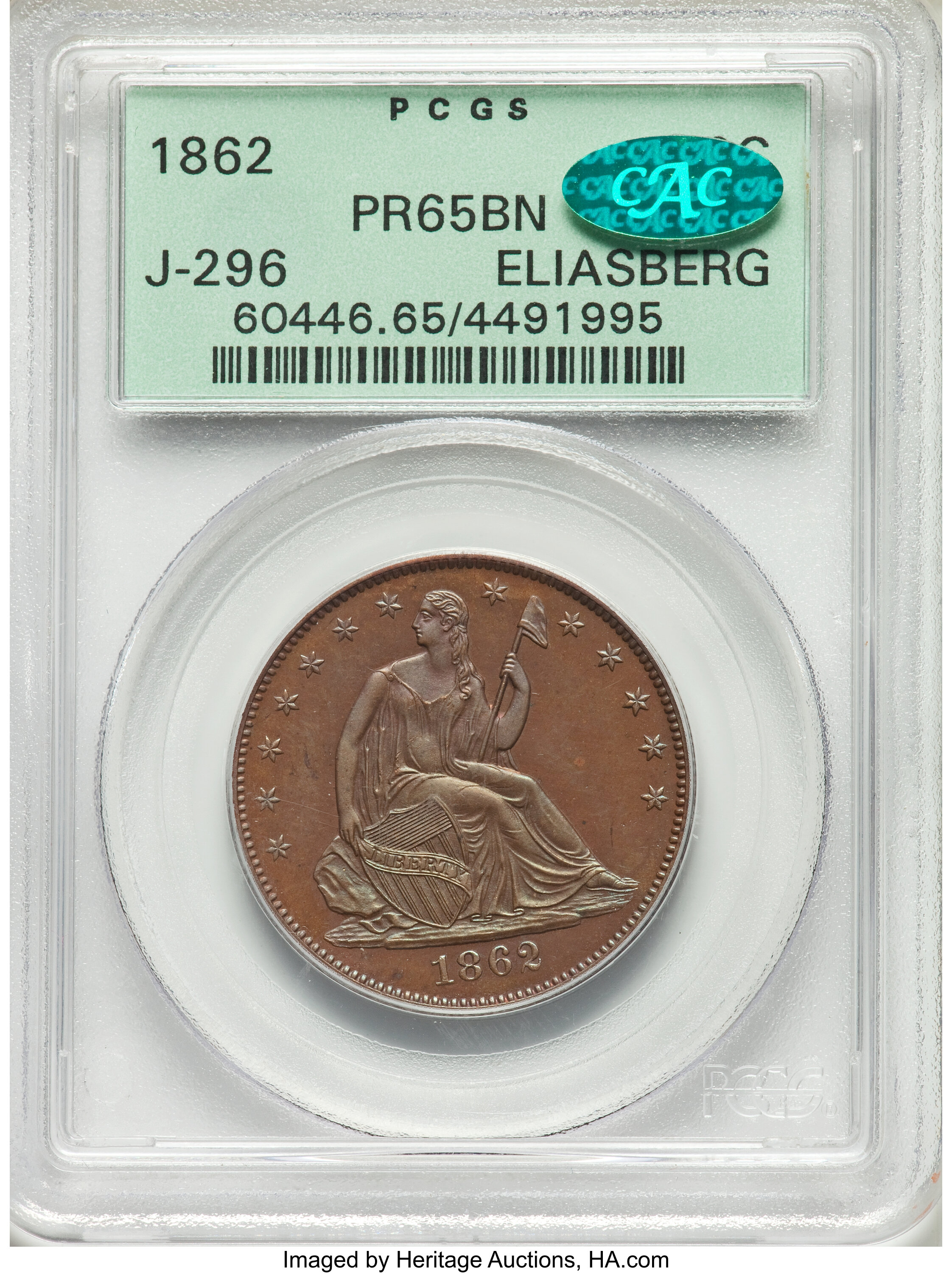image for: 1862 50C Half Dollar, Judd-296, Pollock-354, High R.6, PR65 Brown PCGS. CAC. Ex: Eliasberg. The obverse is the regular issu...