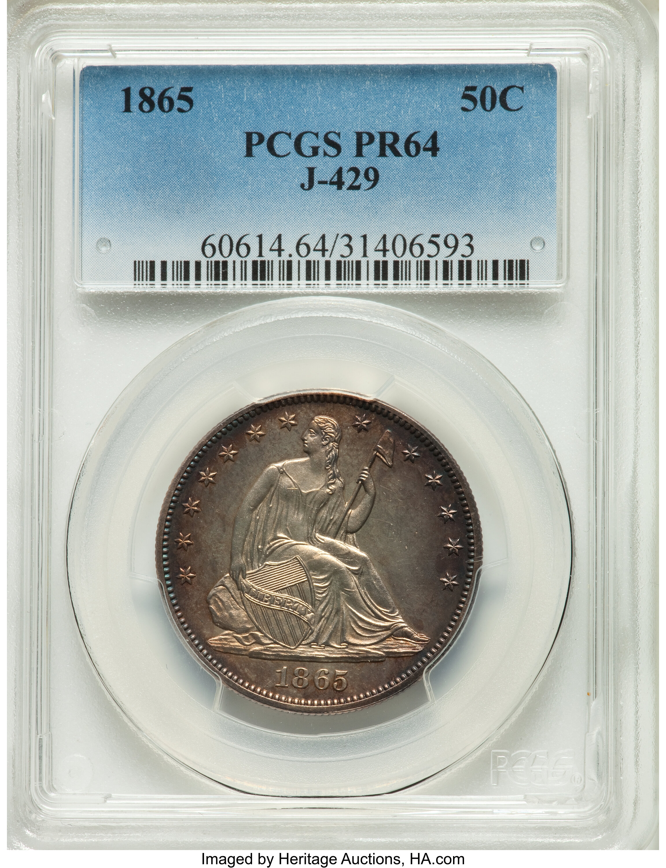 image for: 1865 50C Half Dollar, Judd-429, Pollock-502, Low R.7, PR64 PCGS. The obverse die is the traditional Liberty Seated design a...