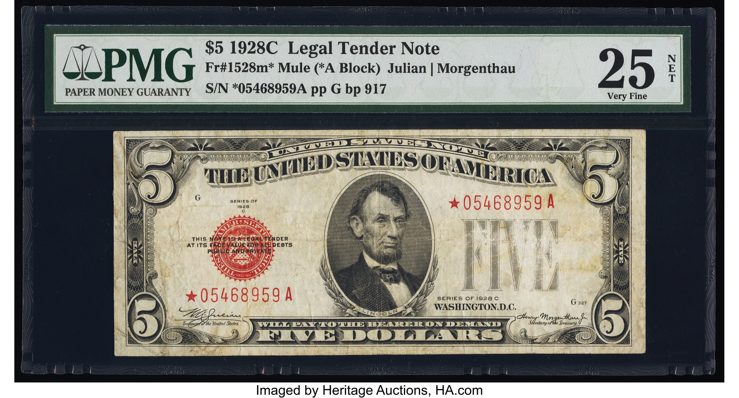 image for: Fr. 1528* $5 1928C Mule Legal Tender Star Note. PMG Very Fine 25 Net....