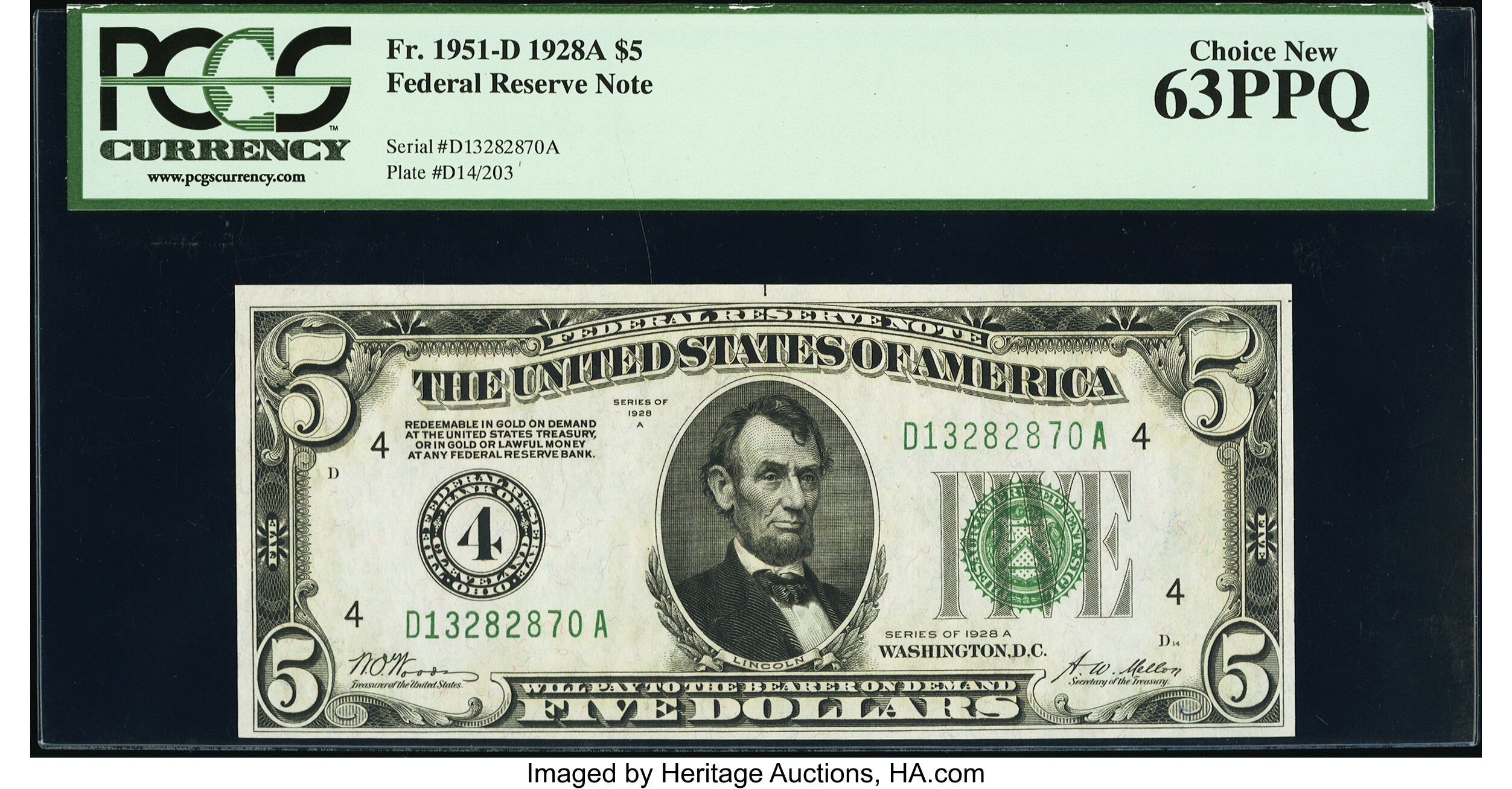 image for: Fr. 1951-D $5 1928A Federal Reserve Note. PCGS Choice New 63PPQ....