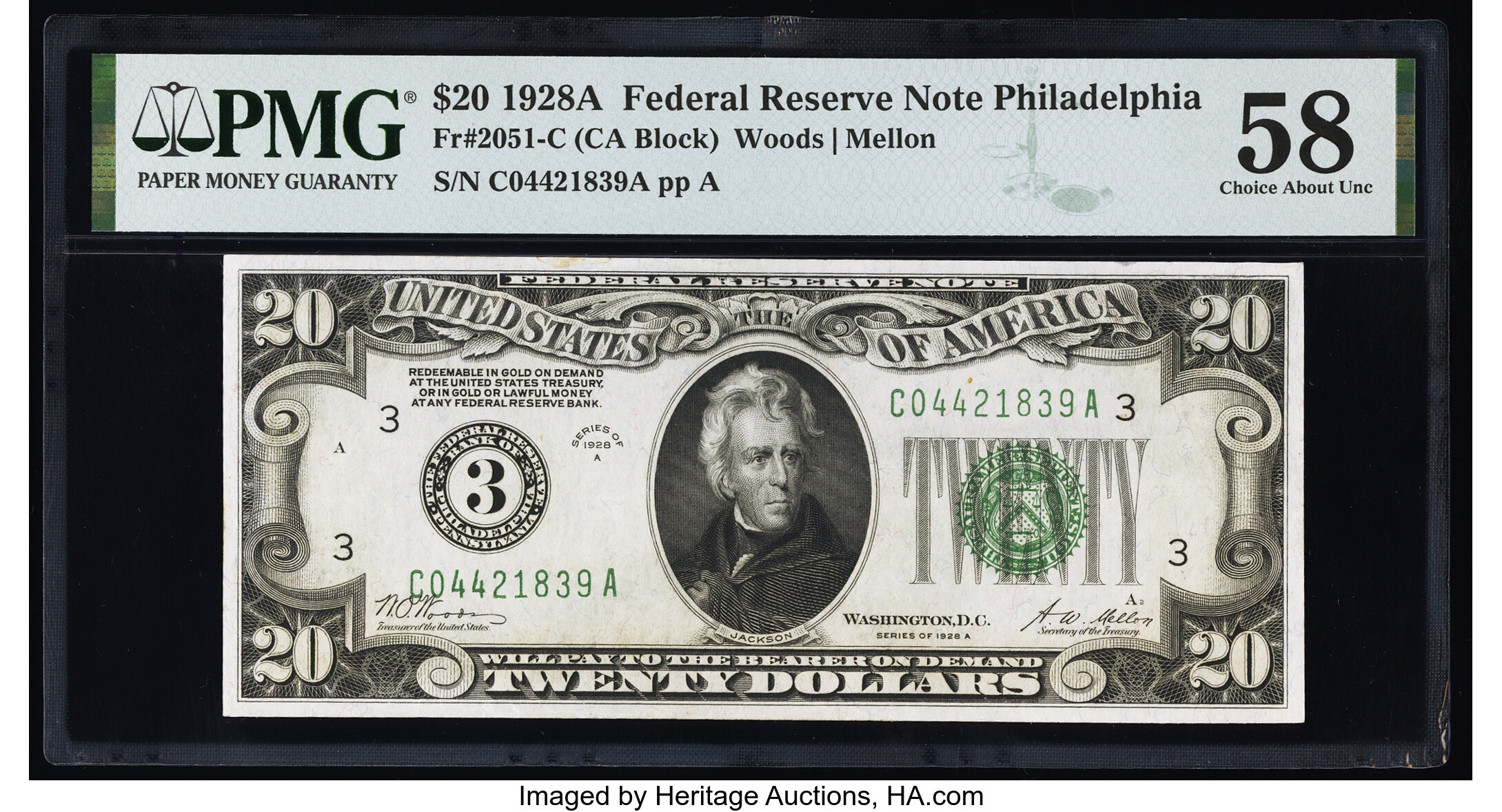 image for: Fr. 2051-C $20 1928A Federal Reserve Note. PMG Choice About Unc 58....