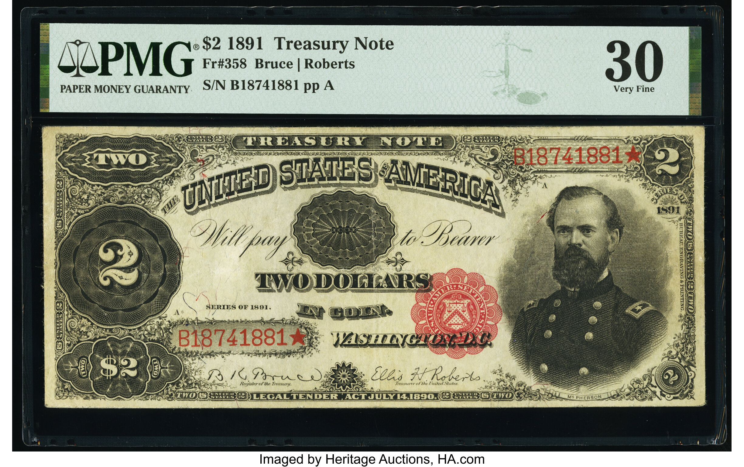 image for: Fr. 358 $2 1891 Treasury Note PMG Very Fine 30....